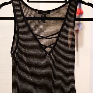 Black & White Striped Crop Tank Top Lace Up V Neck